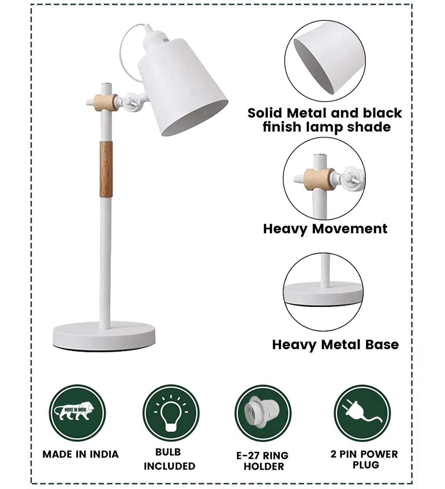 Nordic Adjustable White Metal Reading Lamp with Solid Natural Wood Base – Modern Study & Desk Lamp